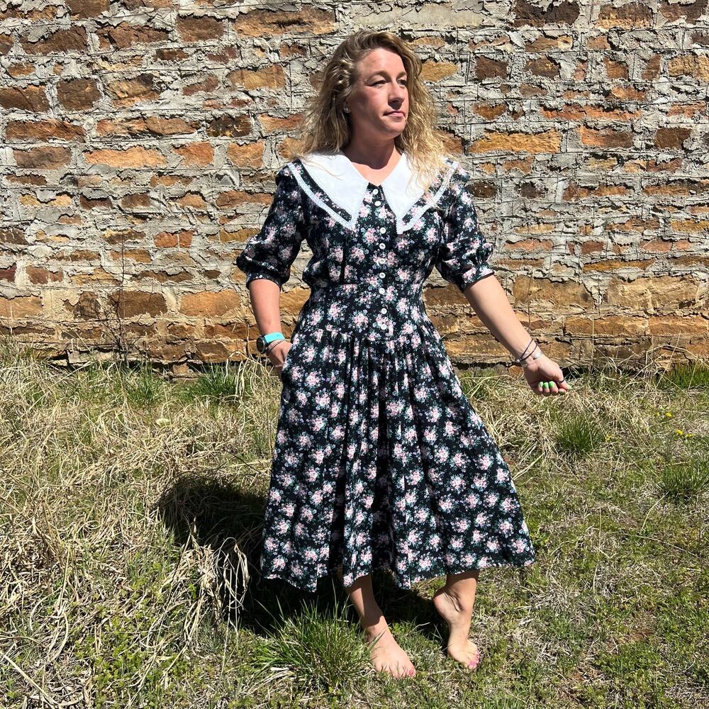 Vintage 90s Eber San Francisco Floral Bib Collar Teacher Church Modest Dress